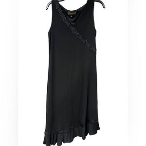 Donna Ricco Black Asymmetrical Floral Beaded 90s Y2K Dress Size 14 Knee Midi